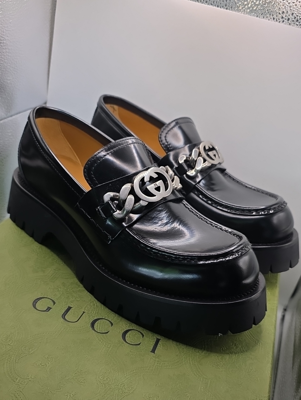 Gucci Black Patent Leather Platform Chain Loafers